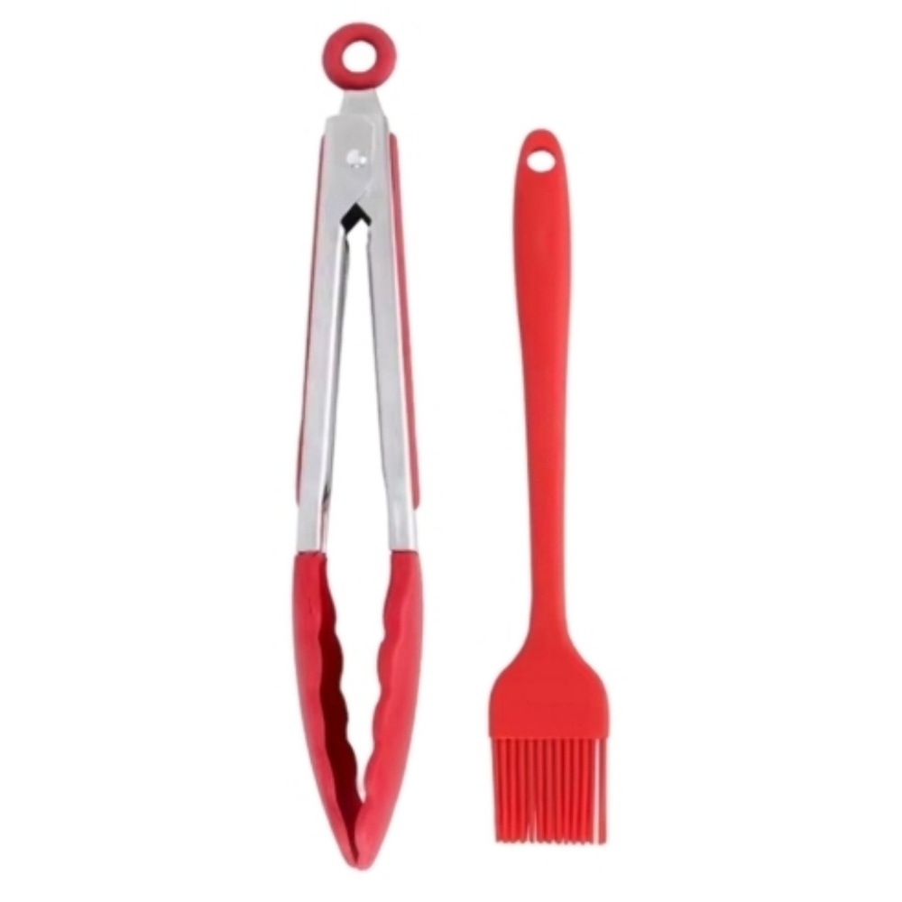 2-piece Heat-Resistant BBQ Nylon Silicone Food Tongs with Pastry Brush